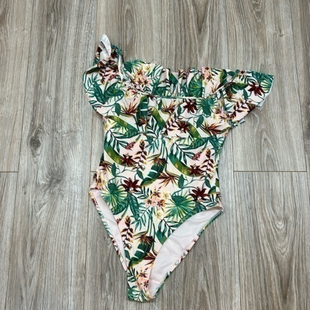 Cabana Del Sol palm trees floral print swim suit one piece size Medium NEW